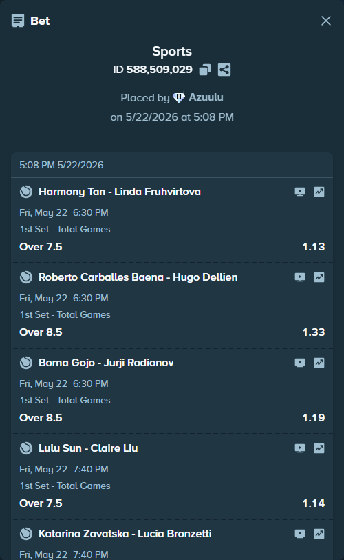 Bet slip: Harmony Tan - Linda Fruhvirtova, $31,649.72 stake at 1.13 odds, placed by Azuulu