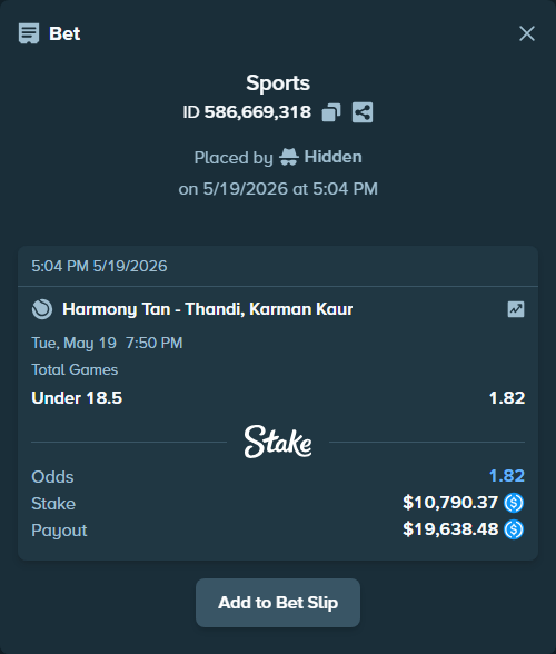 Bet slip: Harmony Tan - Thandi, Karman Kaur, $10,790.37 stake at 1.82 odds, placed by Hidden