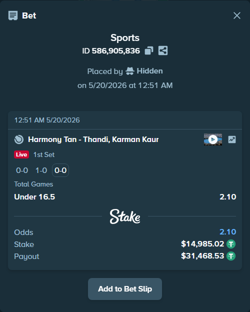 Bet slip: Harmony Tan - Thandi, Karman Kaur, $15,000.00 stake at 2.10 odds, placed by Hidden