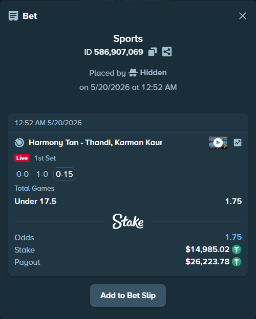Bet slip: Harmony Tan - Thandi, Karman Kaur, $15,000.00 stake at 1.75 odds, placed by Hidden