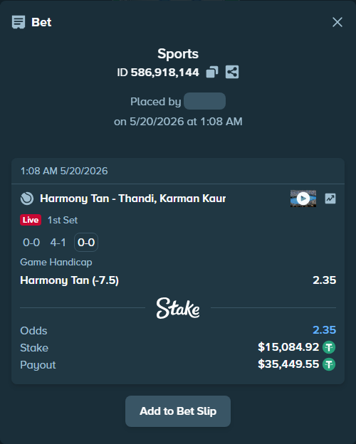 Bet slip: Harmony Tan - Thandi, Karman Kaur, $15,100.00 stake at 2.35 odds, placed by SlavikPR