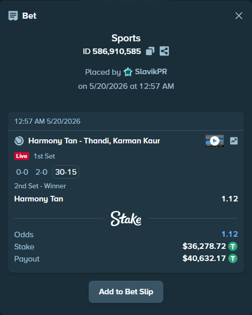 Bet slip: Harmony Tan - Thandi, Karman Kaur, $36,315.00 stake at 1.12 odds, placed by SlavikPR