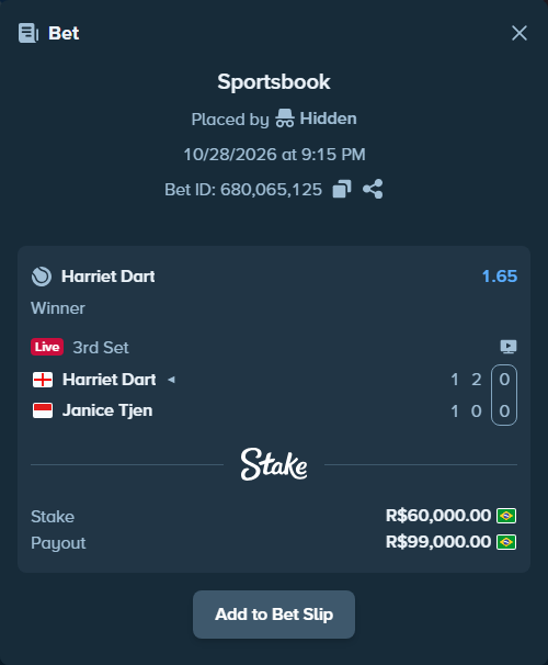 Bet slip: Harriet Dart - Janice Tjen, $12,000.00 stake at 1.65 odds, placed by Hidden
