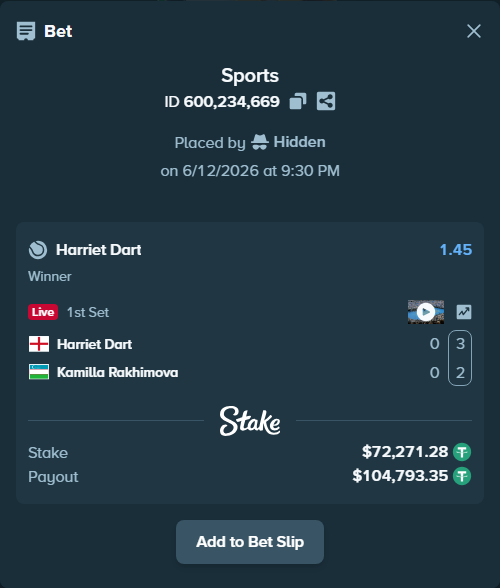 Bet slip: Harriet Dart - Kamilla Rakhimova, $72,343.55 stake at 1.45 odds, placed by Hidden
