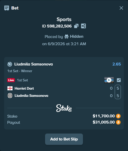 Bet slip: Harriet Dart - Liudmila Samsonova, $11,869.46 stake at 2.65 odds, placed by Hidden
