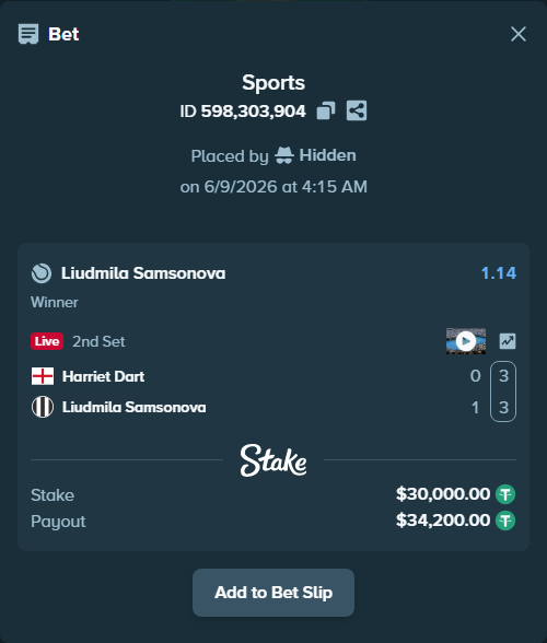 Bet slip: Harriet Dart - Liudmila Samsonova, $30,000.00 stake at 1.14 odds, placed by Hidden