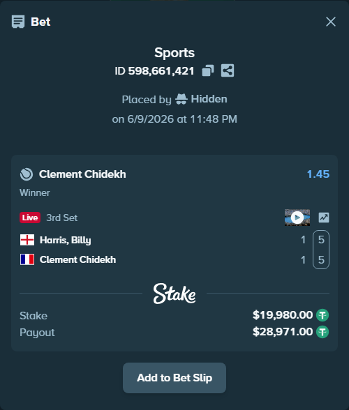 Bet slip: Harris, Billy - Clement Chidekh, $19,999.98 stake at 1.45 odds, placed by Hidden