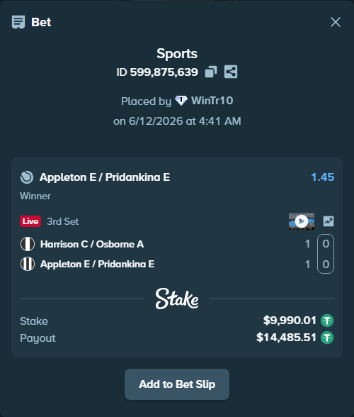 Bet slip: Harrison C / Osborne A - Appleton E / Pridankina E, $10,000.00 stake at 1.45 odds, placed by WinTr10