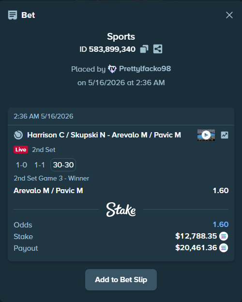 Bet slip: Harrison C / Skupski N - Arevalo M / Pavic M, $10,454.24 stake at 1.60 odds, placed by Prettylfacko98