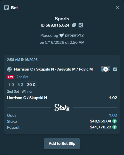 Bet slip: Harrison C / Skupski N - Arevalo M / Pavic M, $41,000.00 stake at 1.02 odds, placed by piropiro12