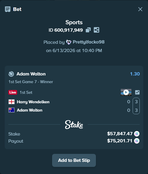 Bet slip: Harry Wendelken - Adam Walton, $62,509.70 stake at 1.30 odds, placed by Prettylfacko98