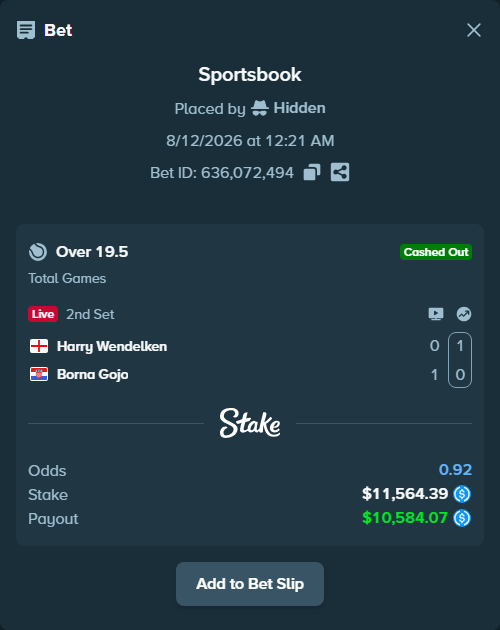 Bet slip: Harry Wendelken - Borna Gojo, $11,564.39 stake at 1.85 odds, placed by Hidden