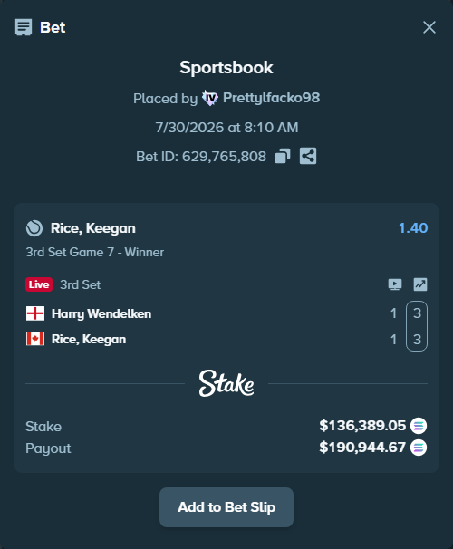 Bet slip: Harry Wendelken - Rice, Keegan, $134,596.71 stake at 1.40 odds, placed by Prettylfacko98