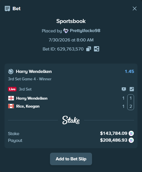 Bet slip: Harry Wendelken - Rice, Keegan, $142,103.55 stake at 1.45 odds, placed by Prettylfacko98