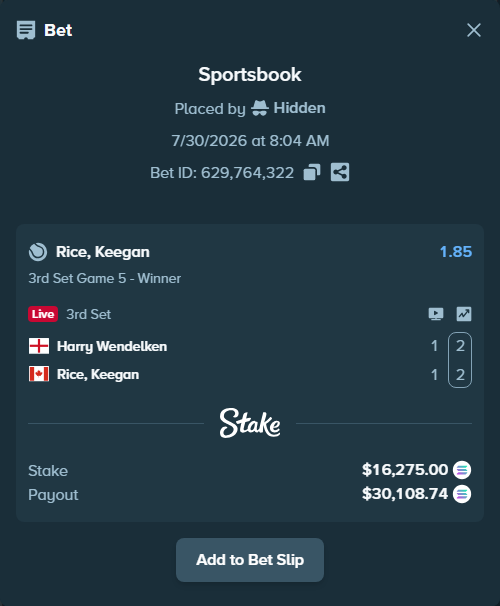 Bet slip: Harry Wendelken - Rice, Keegan, $16,084.77 stake at 1.85 odds, placed by Prettylfacko98