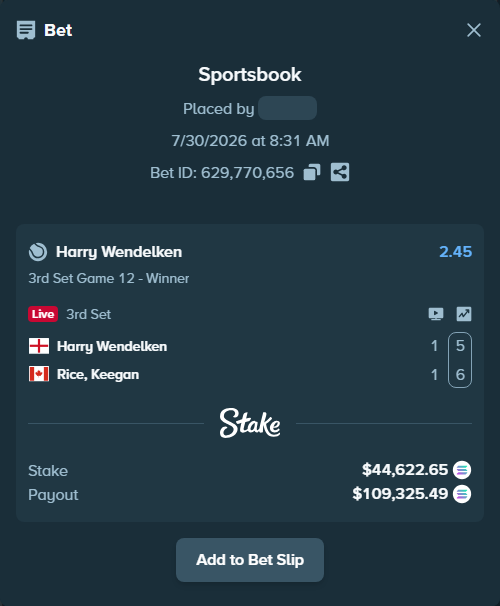 Bet slip: Harry Wendelken - Rice, Keegan, $44,101.10 stake at 2.45 odds, placed by Prettylfacko98