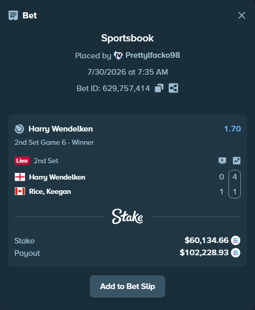Bet slip: Harry Wendelken - Rice, Keegan, $59,912.51 stake at 1.70 odds, placed by Prettylfacko98