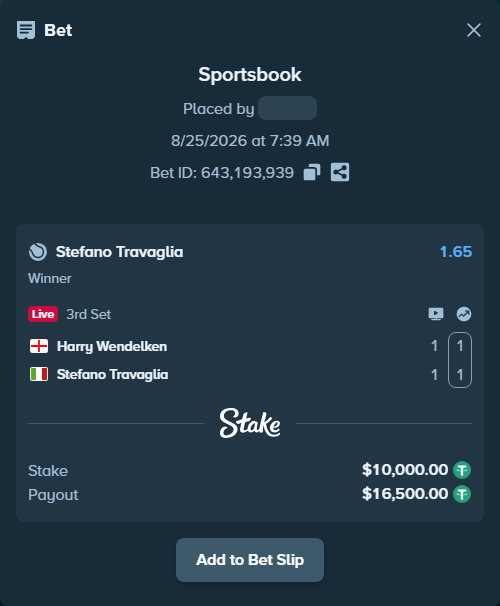 Bet slip: Harry Wendelken - Stefano Travaglia, $10,000.00 stake at 1.65 odds, placed by WinTr10