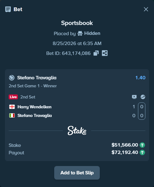 Bet slip: Harry Wendelken - Stefano Travaglia, $51,566.00 stake at 1.40 odds, placed by Hidden