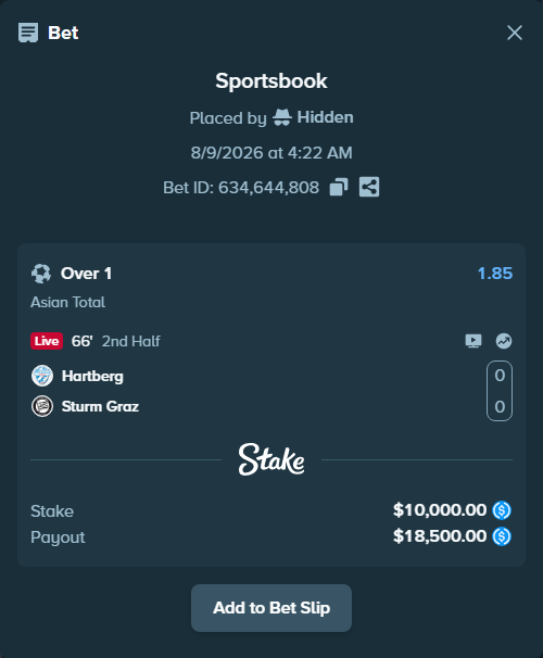Bet slip: Hartberg - Sturm Graz, $10,000.00 stake at 1.85 odds, placed by Hidden