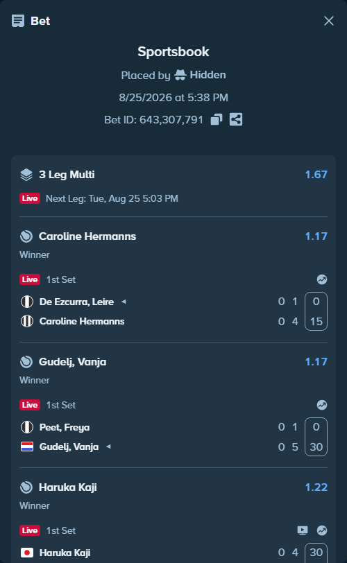 Bet slip: Haruka Kaji - Amandine Hesse, $24,000.00 stake at 1.22 odds, placed by Hidden