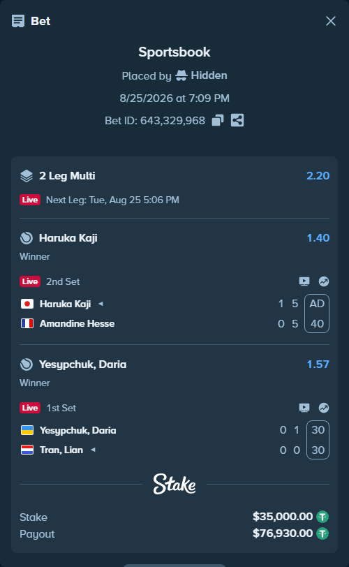 Bet slip: Haruka Kaji - Amandine Hesse, $35,000.00 stake at 1.40 odds, placed by Hidden
