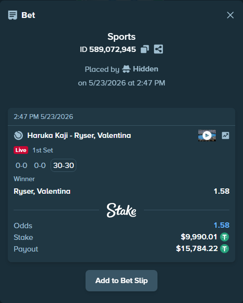 Bet slip: Haruka Kaji - Ryser, Valentina, $10,000.00 stake at 1.58 odds, placed by Hidden