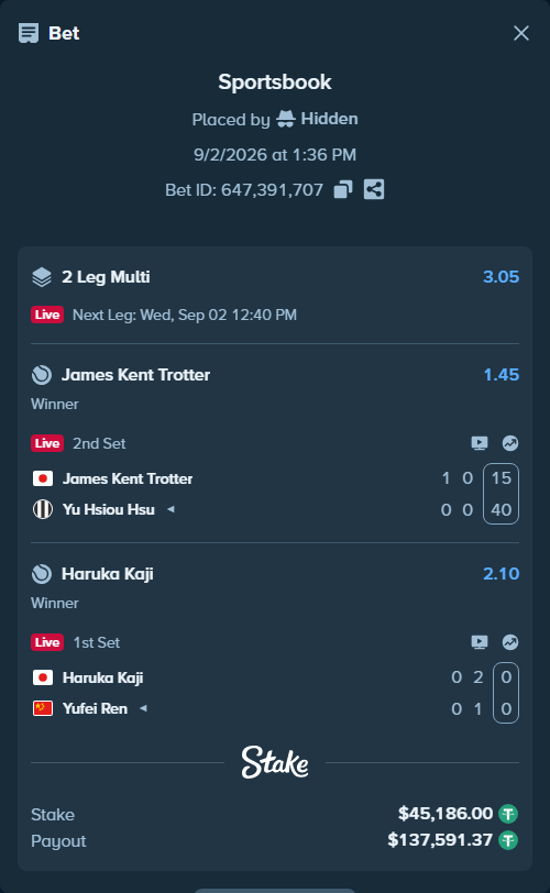 Bet slip: Haruka Kaji - Yufei Ren, $45,186.00 stake at 2.10 odds, placed by Hidden
