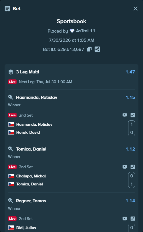 Bet slip: Hasmanda, Rostislav - Horak, David, $10,010.00 stake at 1.15 odds, placed by AsTraL11