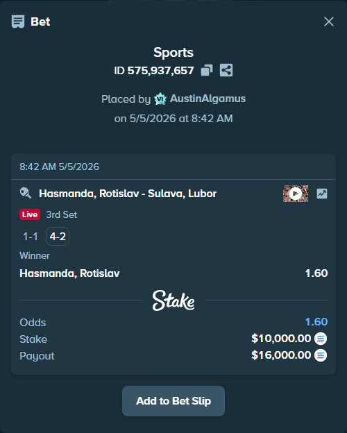 Bet slip: Hasmanda, Rostislav - Sulava, Lubor, $8,726.82 stake at 1.60 odds, placed by AustinAlgamus