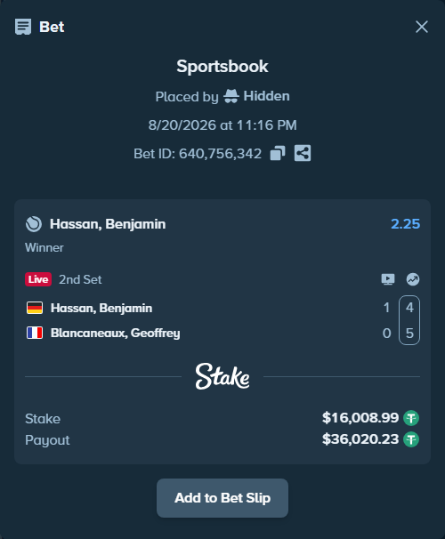 Bet slip: Hassan, Benjamin - Blancaneaux, Geoffrey, $16,025.00 stake at 2.25 odds, placed by Hidden