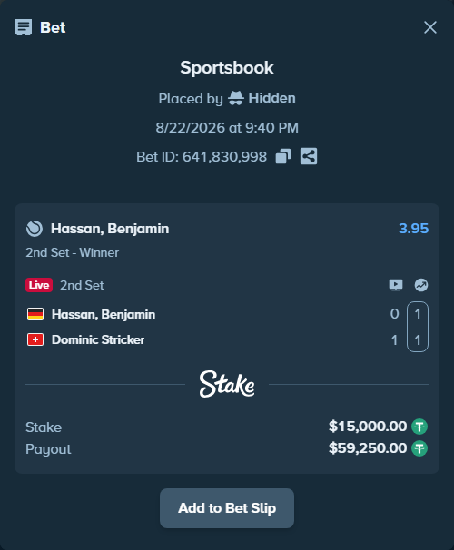 Bet slip: Hassan, Benjamin - Dominic Stricker, $15,000.00 stake at 3.95 odds, placed by Hidden