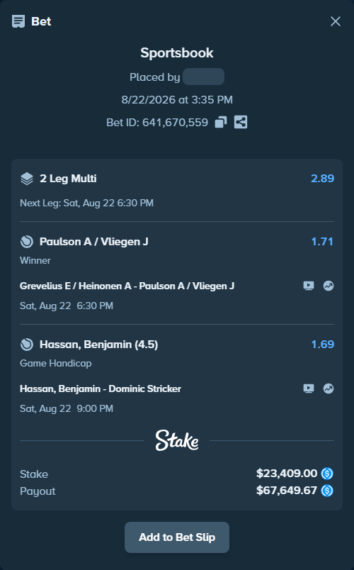Bet slip: Hassan, Benjamin - Dominic Stricker, $23,409.00 stake at 1.69 odds, placed by kuwkuw