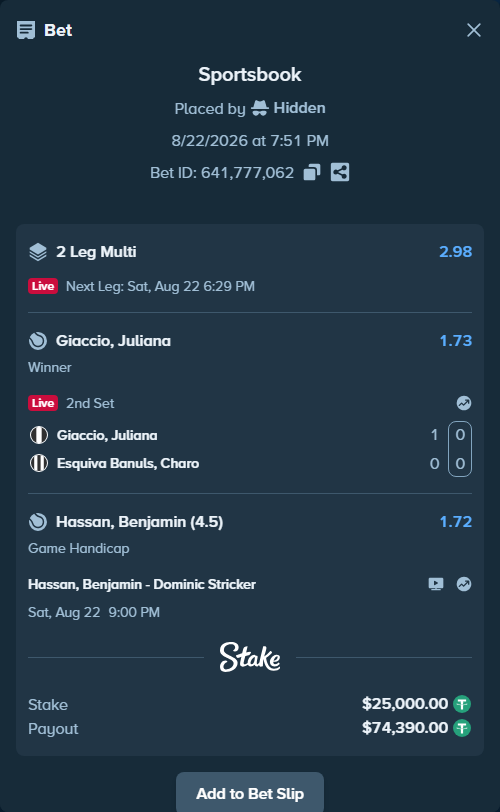 Bet slip: Hassan, Benjamin - Dominic Stricker, $25,000.00 stake at 1.72 odds, placed by Hidden
