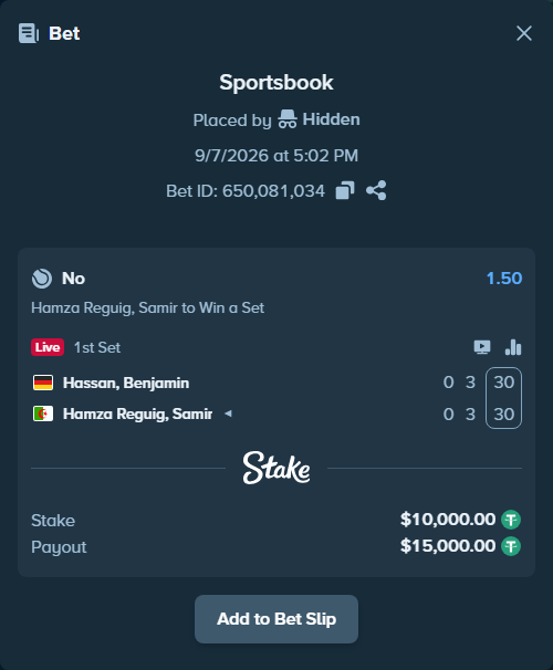 Bet slip: Hassan, Benjamin - Hamza Reguig, Samir, $10,000.00 stake at 1.50 odds, placed by Hidden