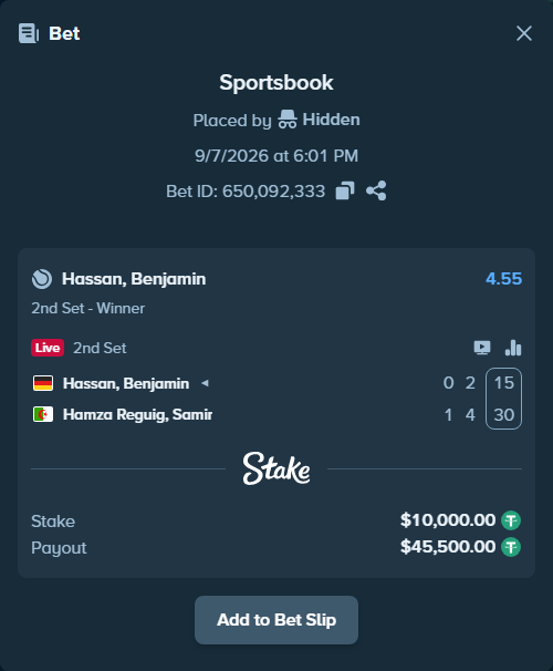 Bet slip: Hassan, Benjamin - Hamza Reguig, Samir, $10,000.00 stake at 4.55 odds, placed by Hidden