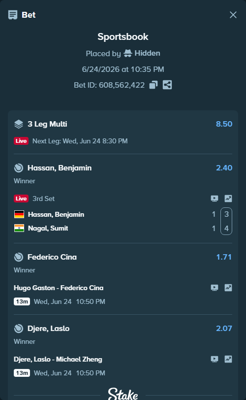 Bet slip: Hassan, Benjamin - Nagal, Sumit, $11,434.00 stake at 2.40 odds, placed by Hidden