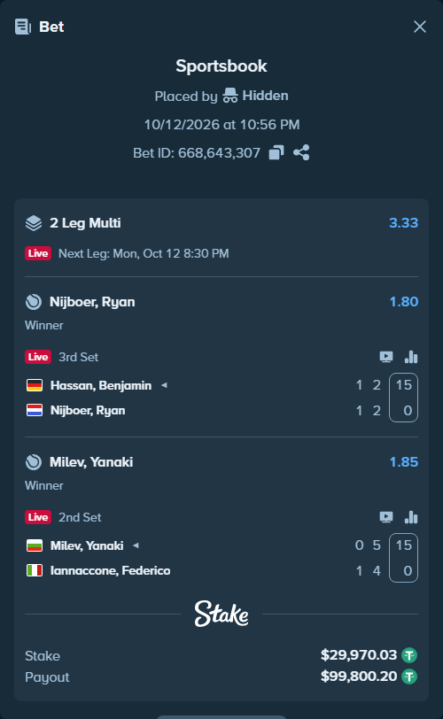 Bet slip: Hassan, Benjamin - Nijboer, Ryan, $30,000.00 stake at 1.80 odds, placed by Hidden