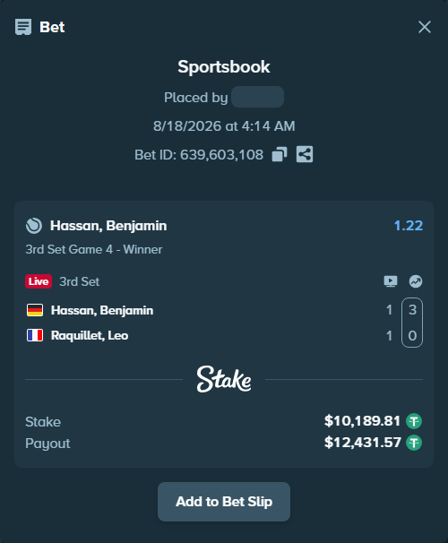 Bet slip: Hassan, Benjamin - Raquillet, Leo, $10,200.00 stake at 1.22 odds, placed by diomancy