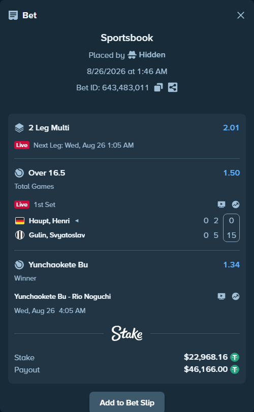 Bet slip: Haupt, Henri - Gulin, Svyatoslav, $22,968.16 stake at 1.50 odds, placed by Hidden