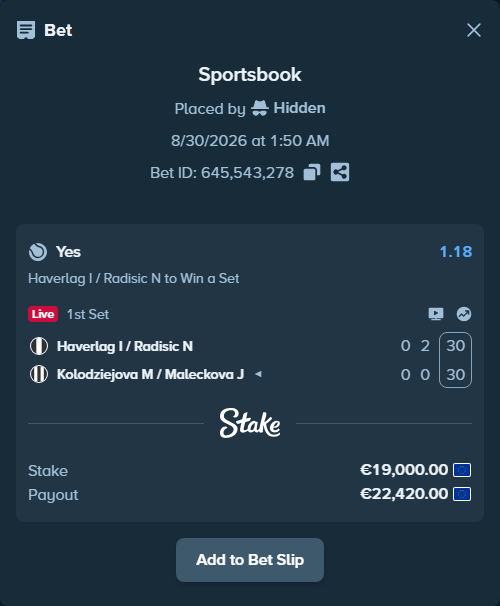 Bet slip: Haverlag I / Radisic N - Maleckova J / Skoch M, $20,520.00 stake at 1.18 odds, placed by Hidden