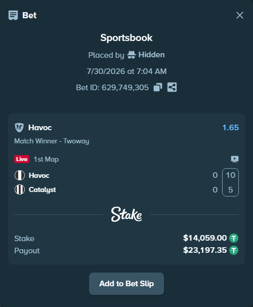 Bet slip: Havoc - Catalyst, $14,073.06 stake at 1.65 odds, placed by Hidden
