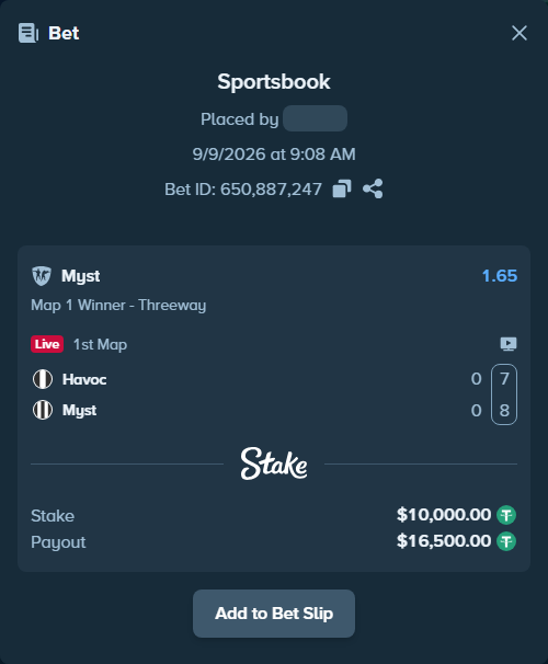 Bet slip: Havoc - Myst, $10,000.00 stake at 1.65 odds, placed by saszakoncza
