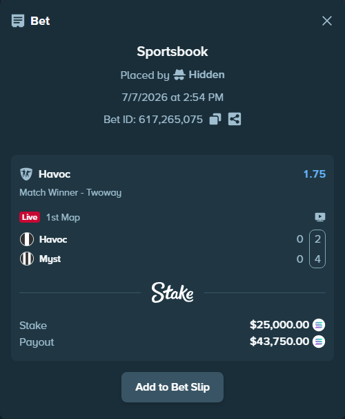 Bet slip: Havoc - Myst, $22,473.20 stake at 1.75 odds, placed by Hidden