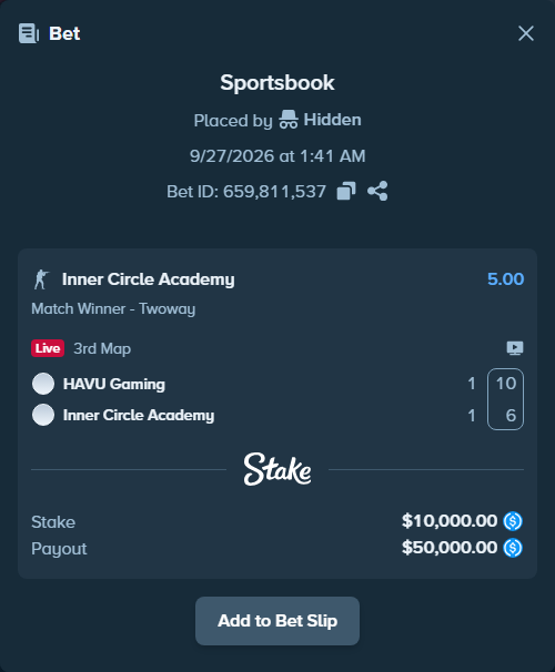 Bet slip: HAVU Gaming - Inner Circle Academy, $10,000.00 stake at 5.00 odds, placed by Hidden
