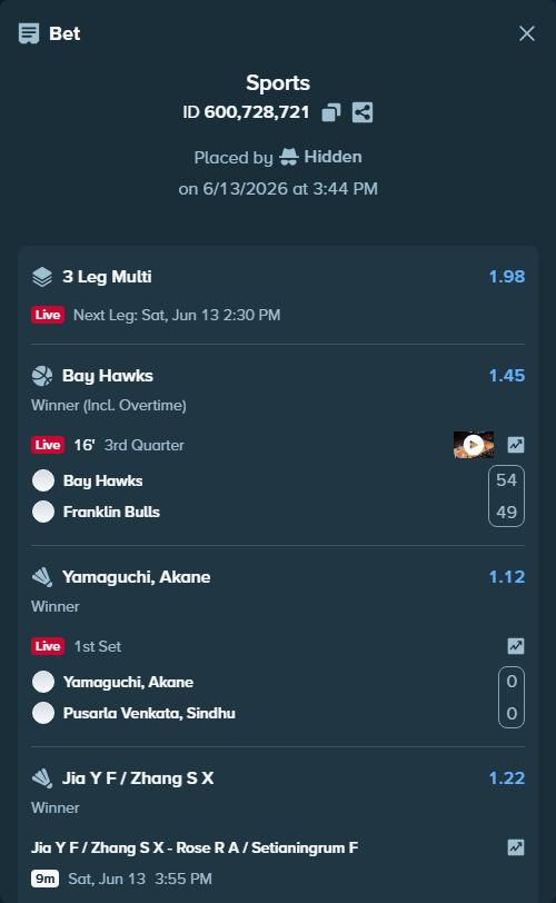Bet slip: Hawke's Bay Hawks - Franklin Bulls, $186,408.27 stake at 1.45 odds, placed by Hidden