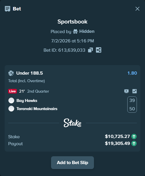 Bet slip: Hawke's Bay Hawks - Taranaki Mountainairs, $10,736.00 stake at 1.80 odds, placed by Hidden