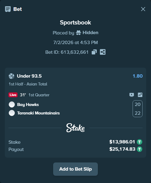 Bet slip: Hawke's Bay Hawks - Taranaki Mountainairs, $14,000.00 stake at 1.80 odds, placed by Hidden