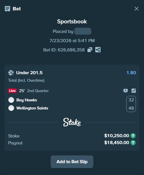 Bet slip: Hawke's Bay Hawks - Wellington Saints, $10,260.25 stake at 1.80 odds, placed by Agusbob