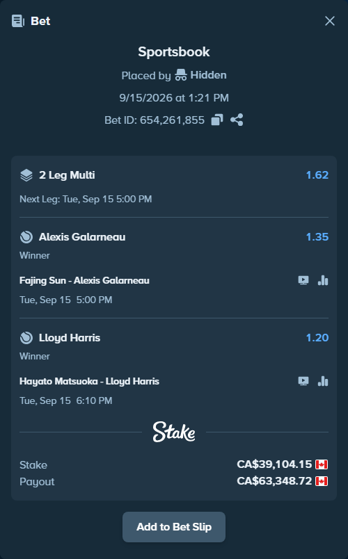 Bet slip: Hayato Matsuoka - Lloyd Harris, $28,937.07 stake at 1.20 odds, placed by Hidden